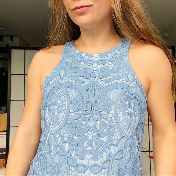 Lovers + Friends Caspian Crystal Blue Shift Dress Embroidery Lace Upper Hi-neck - Picture 15 of 17